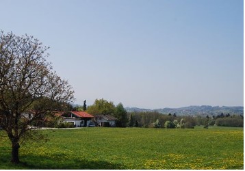 Aussicht Breitbrunn, Chiemsee, Chiemgau, Ortsrand, Wohnung, Vermietung, Bergblick, Berge, Alpen, See, Strand, Hafen